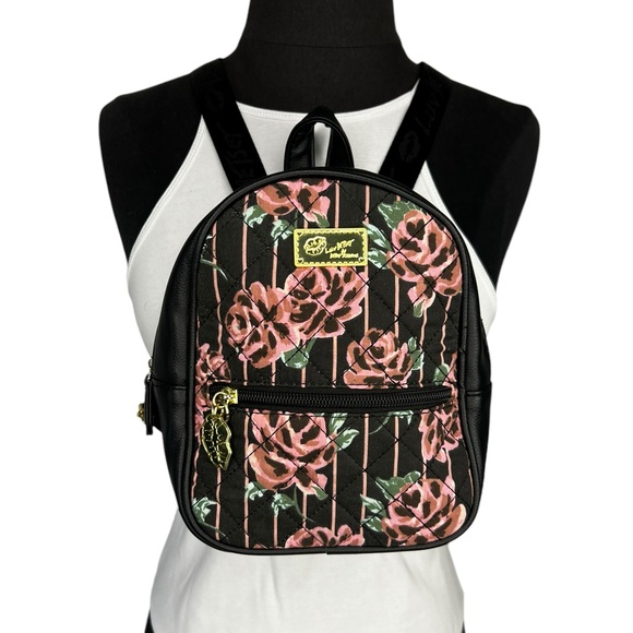Luv Betsey Johnson Sadie Mini Sequin Black Rose Quilted Backpack - Picture 1 of 10